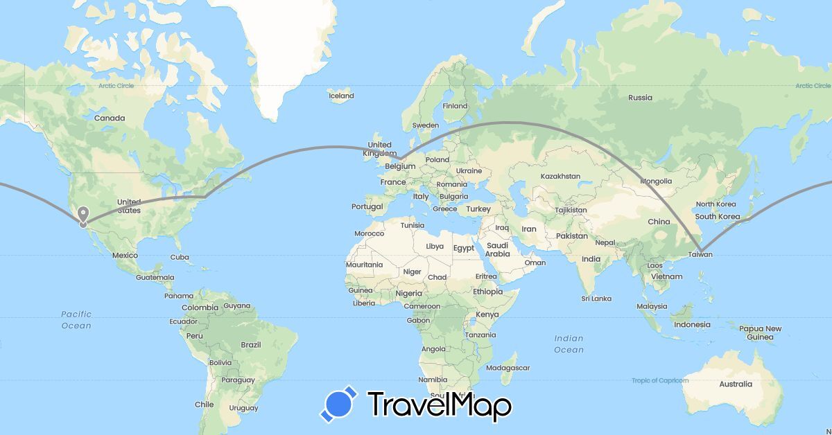 TravelMap itinerary: driving, plane in Japan, Netherlands, Taiwan, United States (Asia, Europe, North America)